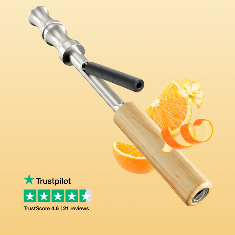 Metal and wood tool with orange slices and Trustpilot rating.