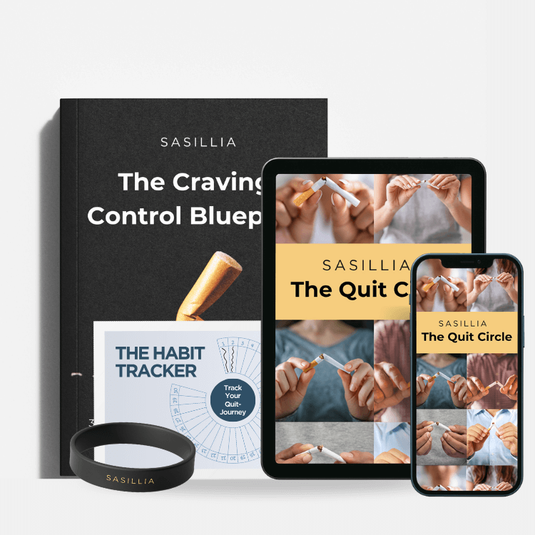 Collection of quit-smoking resources including book, tracker, wristband, tablet, and phone.