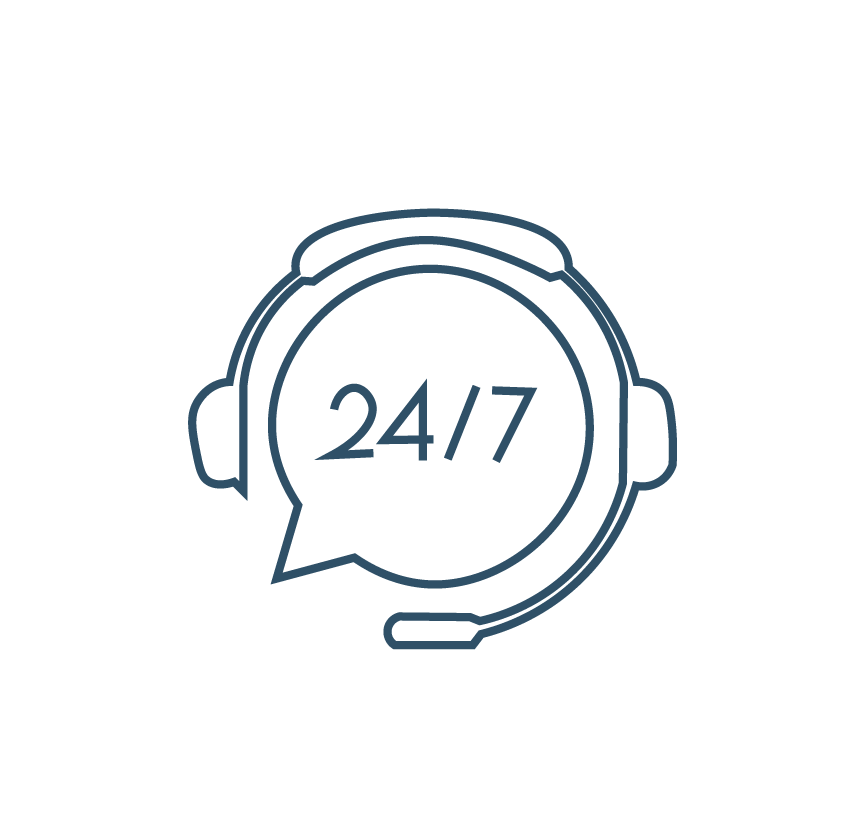 'Headset with speech bubble displaying '24/7' for round-the-clock service.'