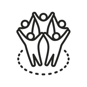 Simple line drawing of four figures holding hands in a circle.