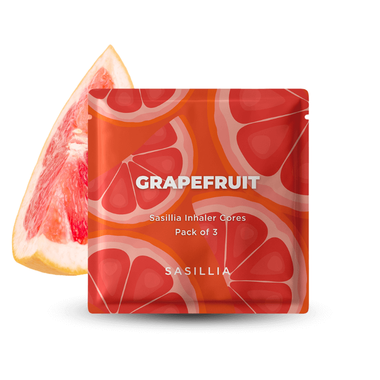 Grapefruit-themed packaging with a grapefruit slice, labeled 'Sasillia Inhaler Cores Pack of 3.'
