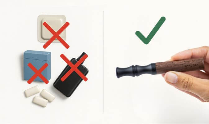 Items with red crosses on left, hand holding wooden object with green check on right.