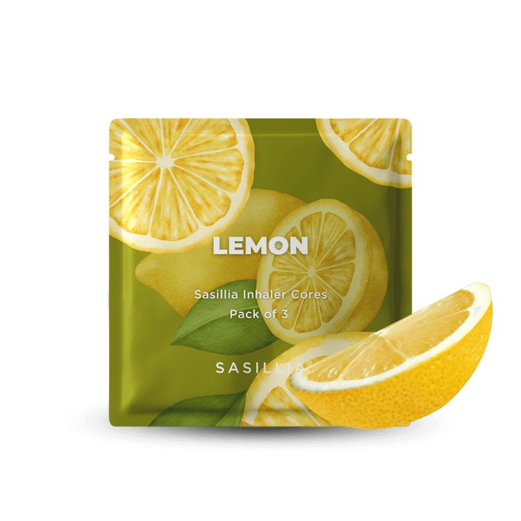 Lemon-themed packaging for Sasillia Inhaler Cores, pack of three, with lemon slices and leaves.