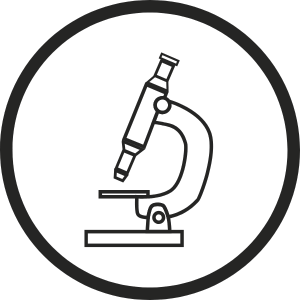 Outline of a microscope inside a black circle on a transparent background.