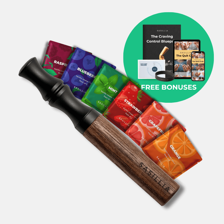Wooden smoking pipe with colorful flavor packets and digital bonuses.