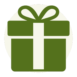 Green gift box with a white ribbon and bow.
