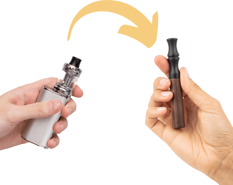 Two hands holding different vaping devices with an arrow pointing from one to the other.