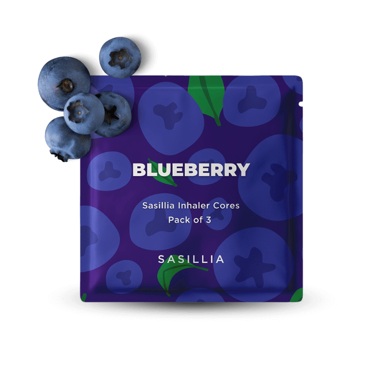 Blueberry-themed packaging for Sasillia Inhaler Cores, pack of 3, with blueberries on the side.