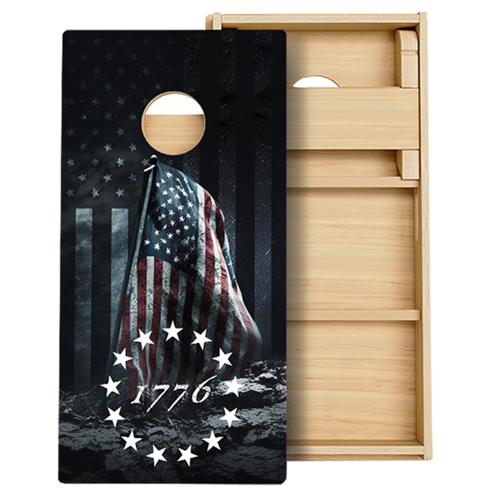 Cornhole board with American flag design and '1776' surrounded by stars.
