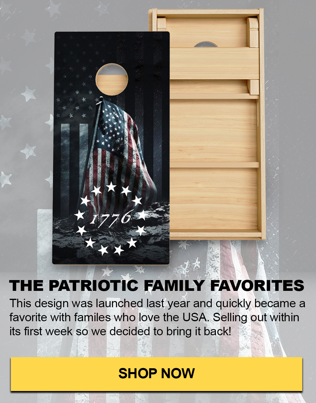 Cornhole board with American flag design and '1776' text displayed.