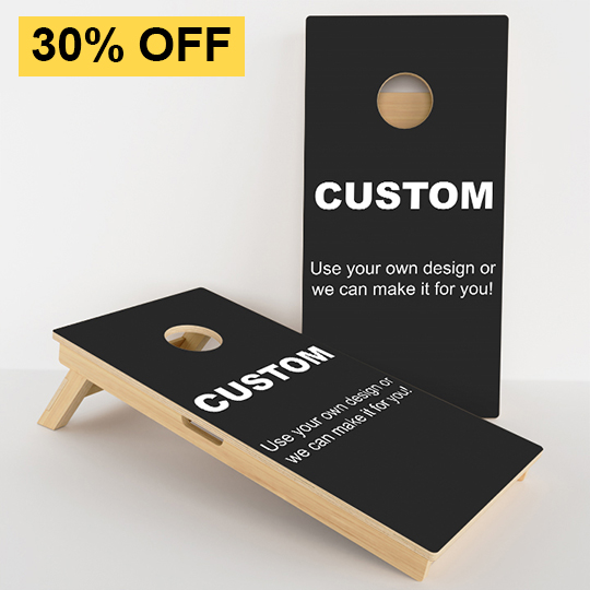Cornhole board set on sale, weatherproof design with 30% off highlighted.