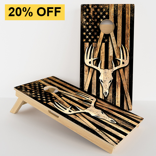 Cornhole boards with deer and American flag design, 20% off.