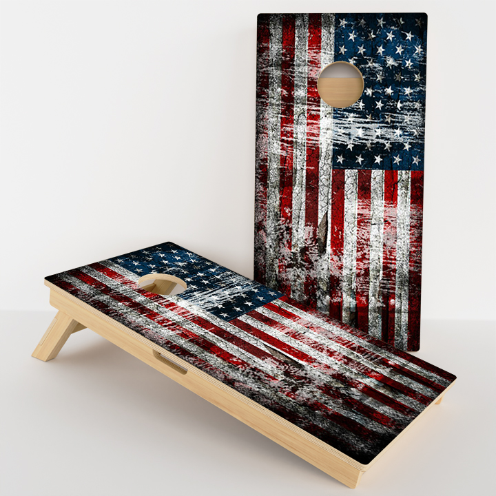 Rustic American flag-themed cornhole board set.