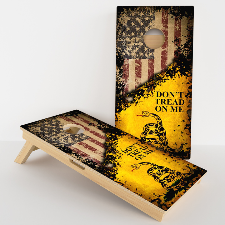 Cornhole boards with Gadsden flag and American flag design.
