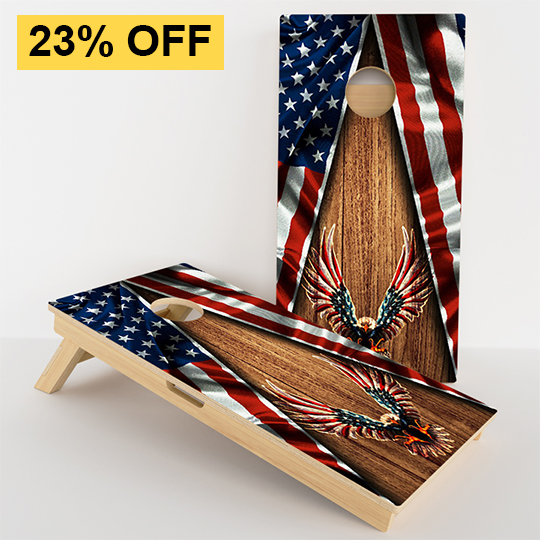 Cornhole boards with American flag and eagle design, and a 23% off discount label.