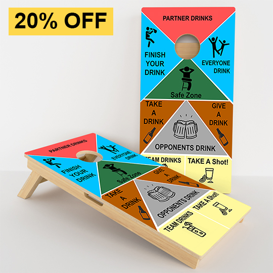 Colorful cornhole boards with drinking game instructions, 20% off.