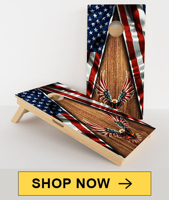 Cornhole boards with an American flag and eagle design.