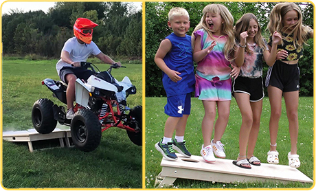 Child on ATV ramp jump; four kids balance on plank.