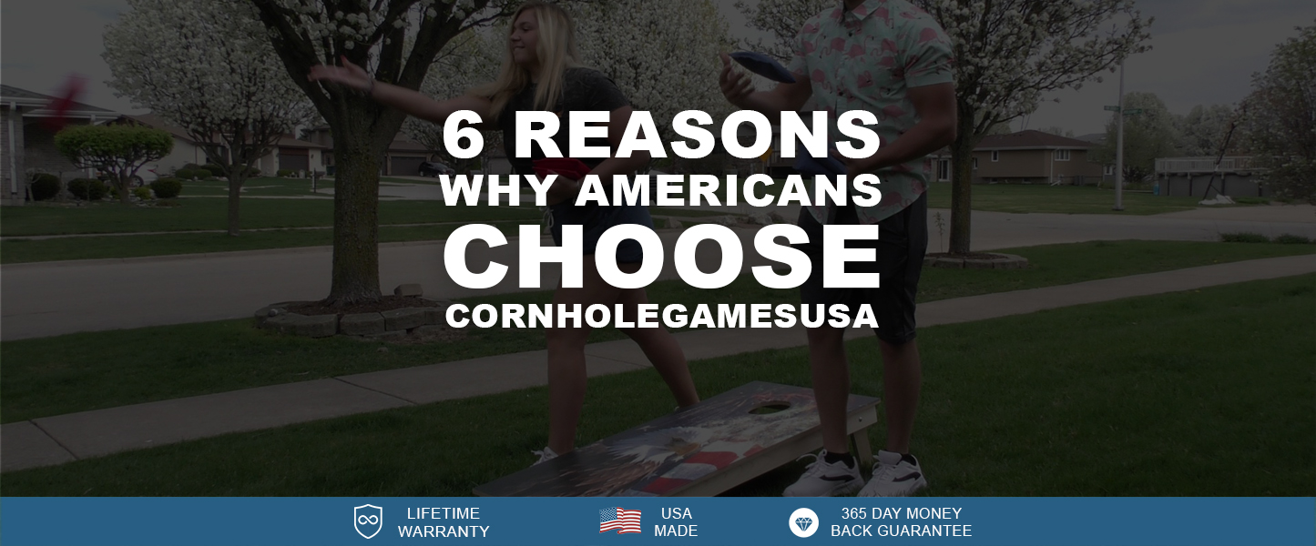 'People playing cornhole game with promotional text overlay about CornholeGamesUSA benefits.'