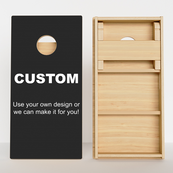 Customizable cornhole boards with detachable panel and design options.