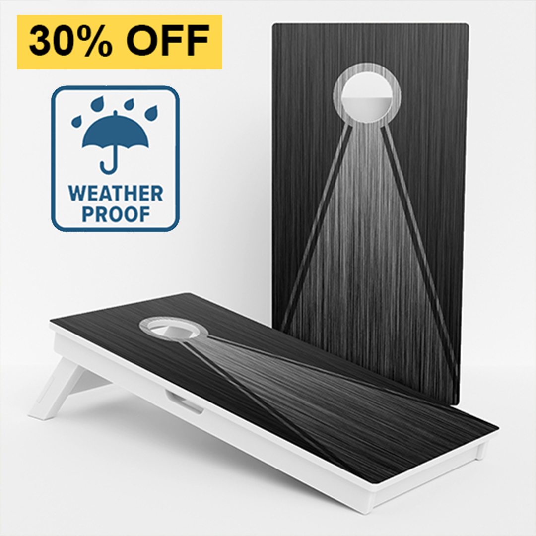 Weatherproof cornhole boards with sleek design, featuring 30% off sale promotion.