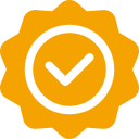Orange badge with a checkmark inside a sunburst shape.