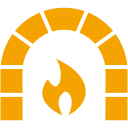 Yellow icon of a brick oven with a flame inside.