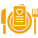 Yellow icon of a plate with a menu, fork, and knife.