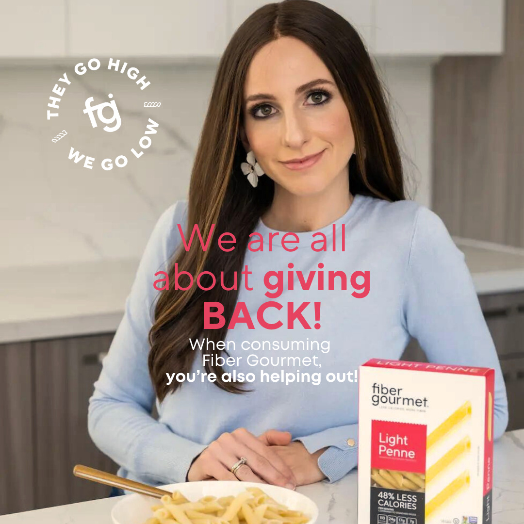 Woman in a kitchen with Fiber Gourmet pasta box and text about giving back.