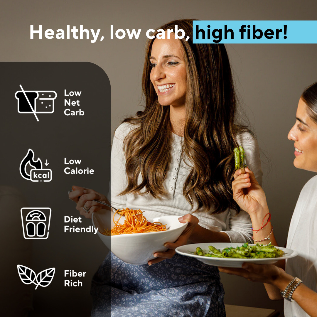 Two women enjoying low-carb, high-fiber meals with text highlighting health benefits.