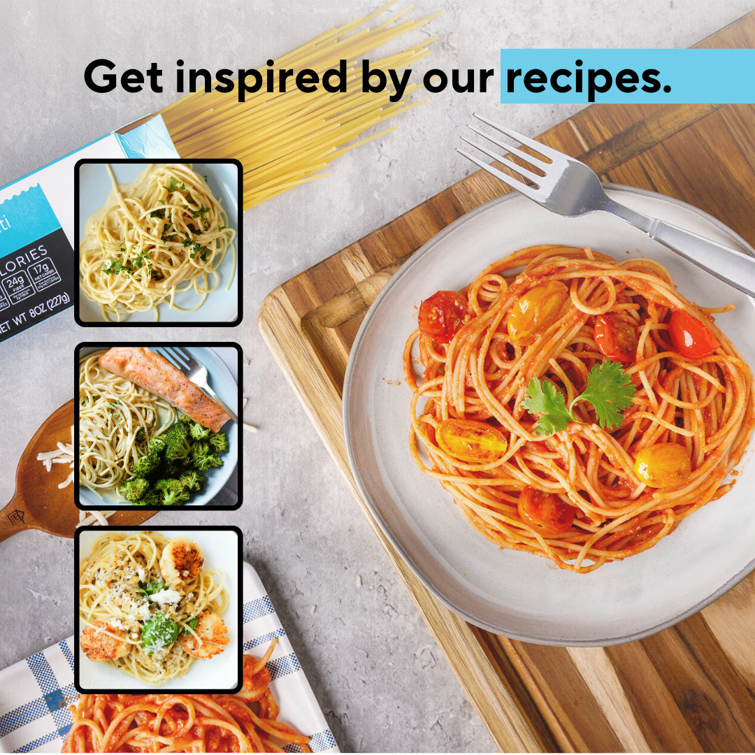 Plate of spaghetti with tomato sauce and three smaller images of pasta dishes.