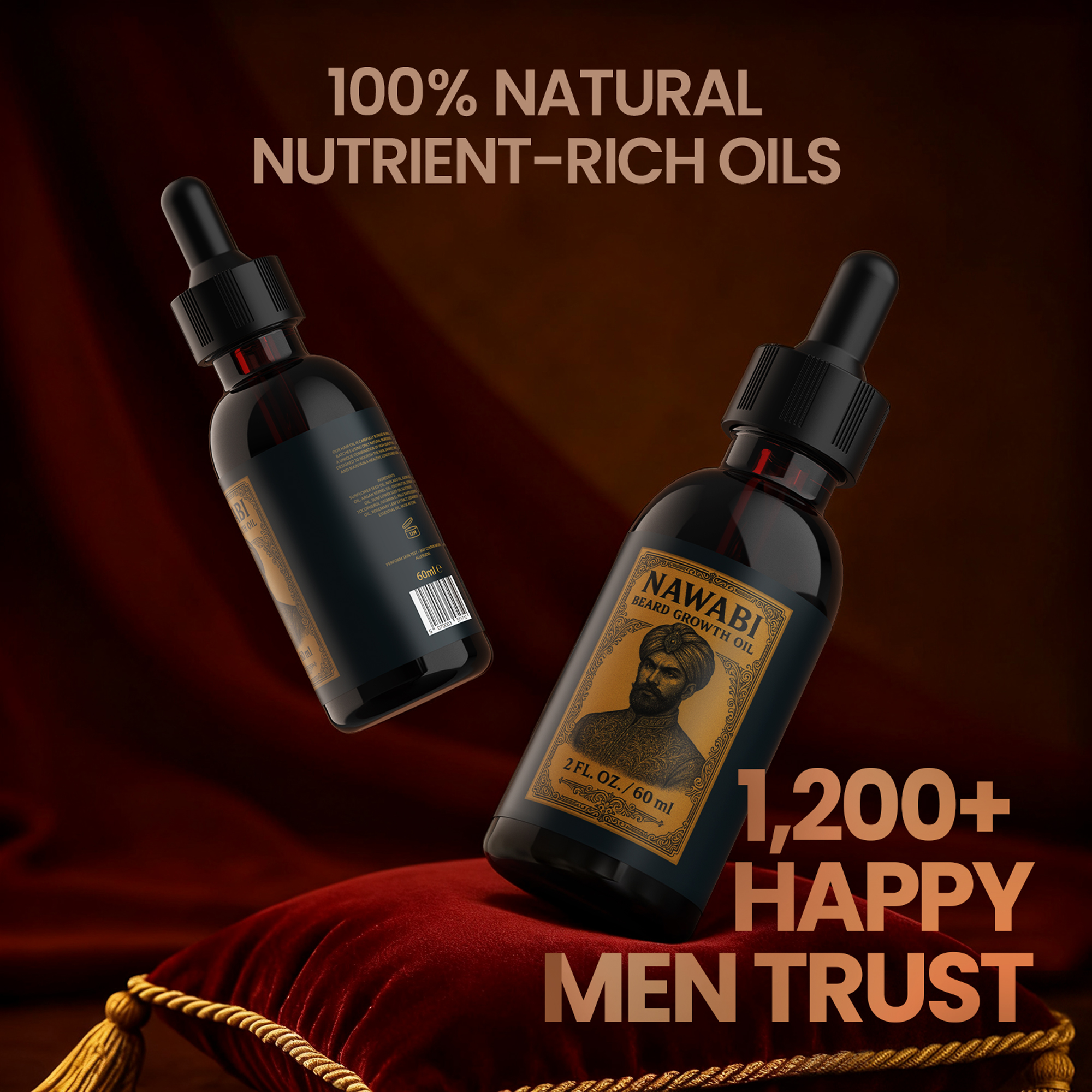Two bottles of beard growth oil with text on brown background.