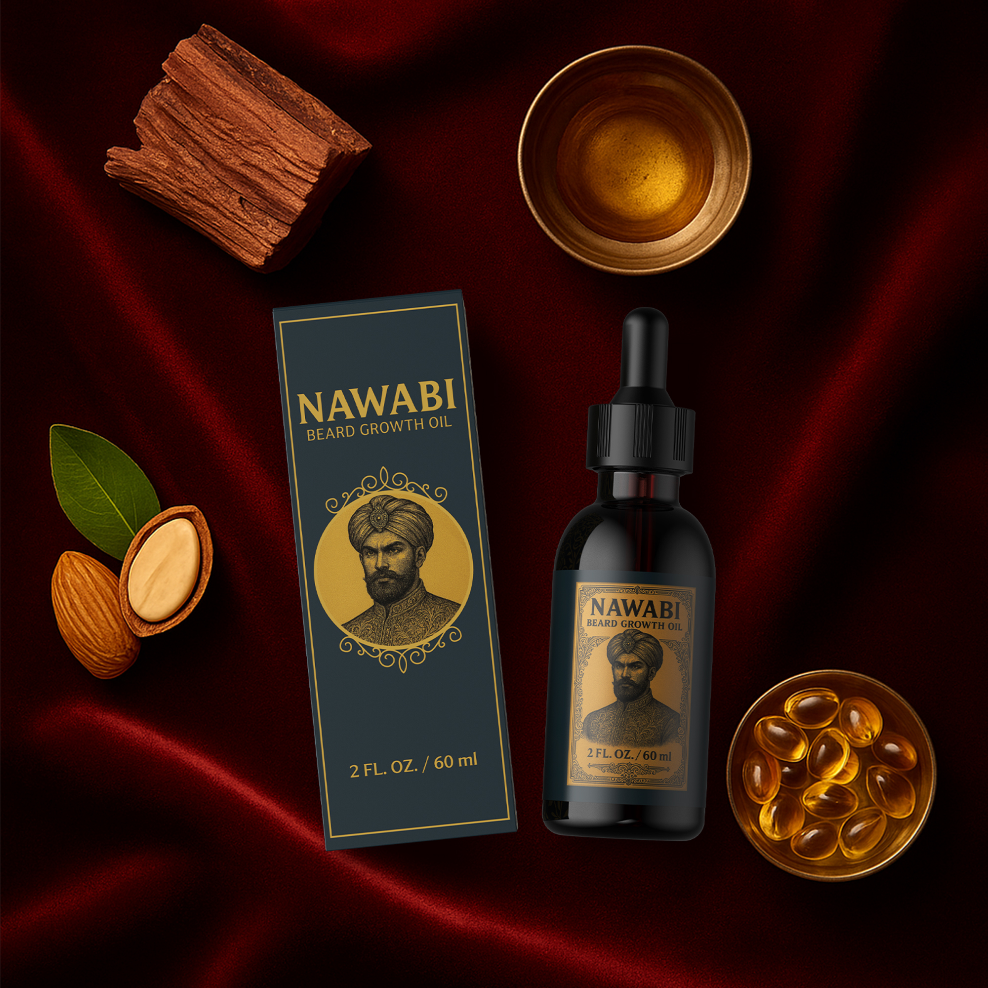 Beard oil bottle and packaging on silky red fabric with almonds and wood chips.