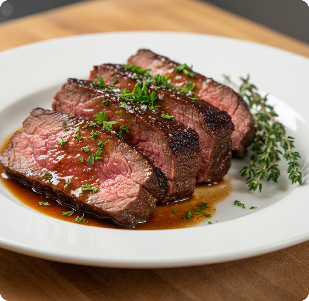 Sliced steak garnished with herbs on a white plate, with sauce and thyme sprig.