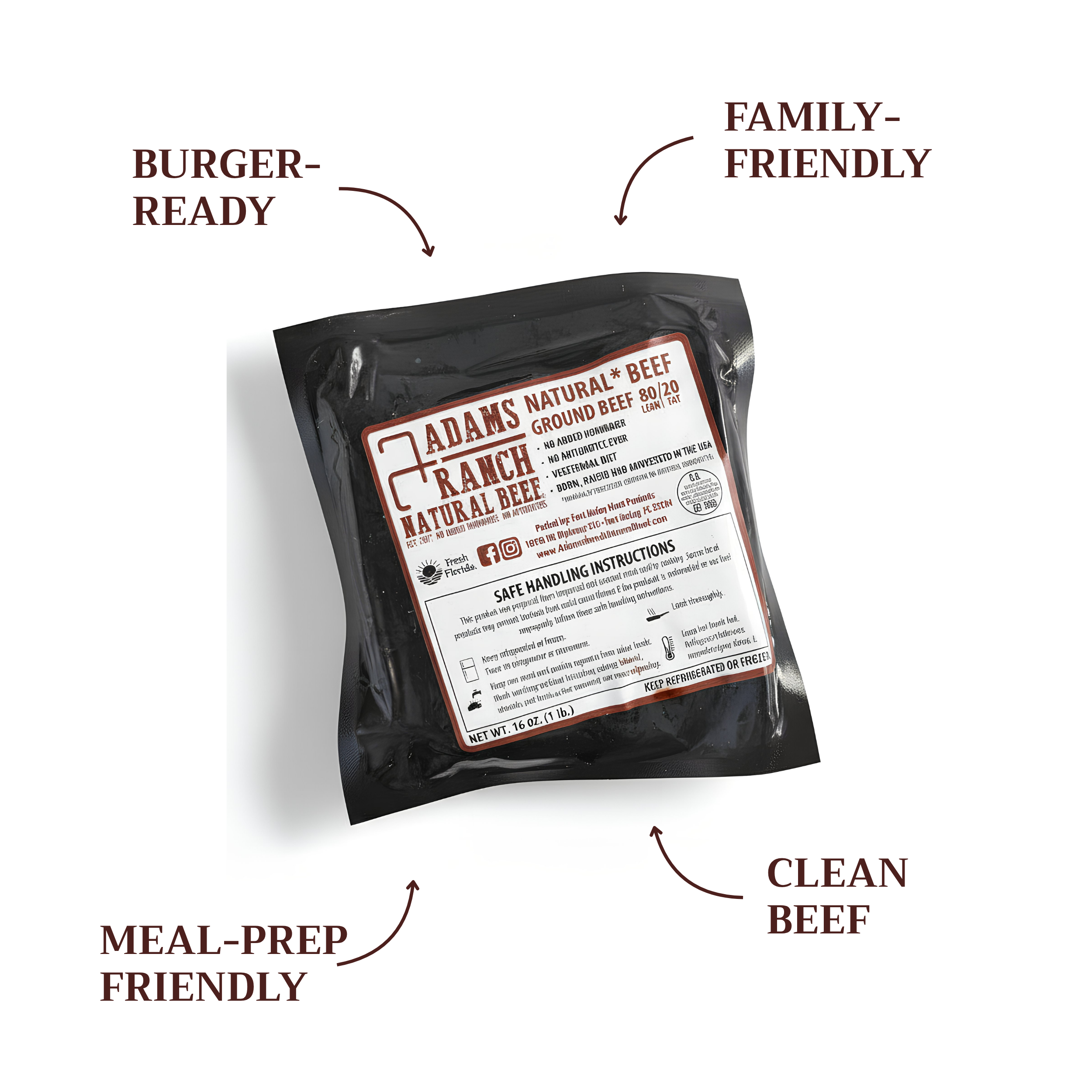 A package of Adams Ranch Natural Ground Beef with callouts like 'Burger-Ready' and 'Family-Friendly'.