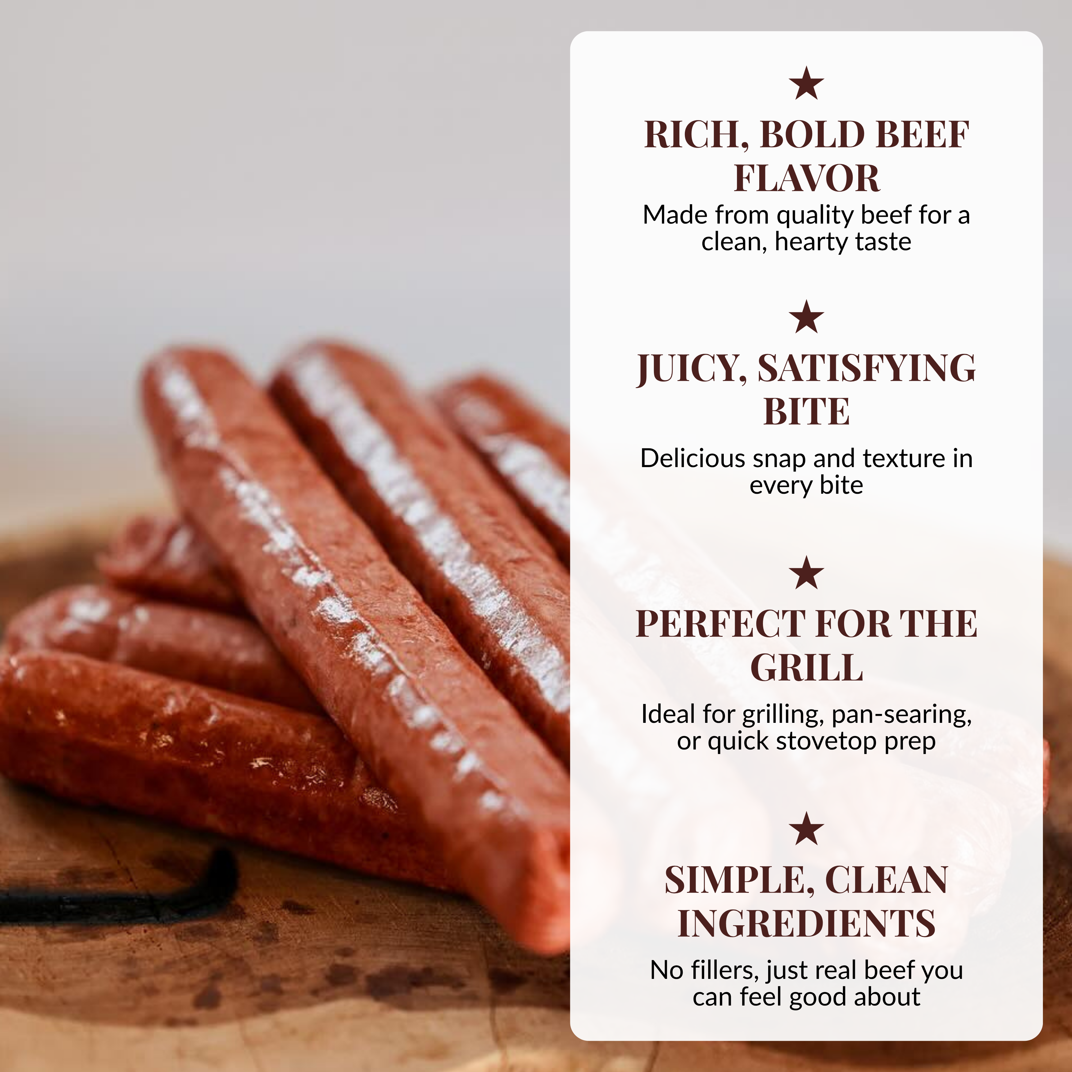 Three raw hamburger patties in a black skillet, with a text overlay describing product features on the right.
