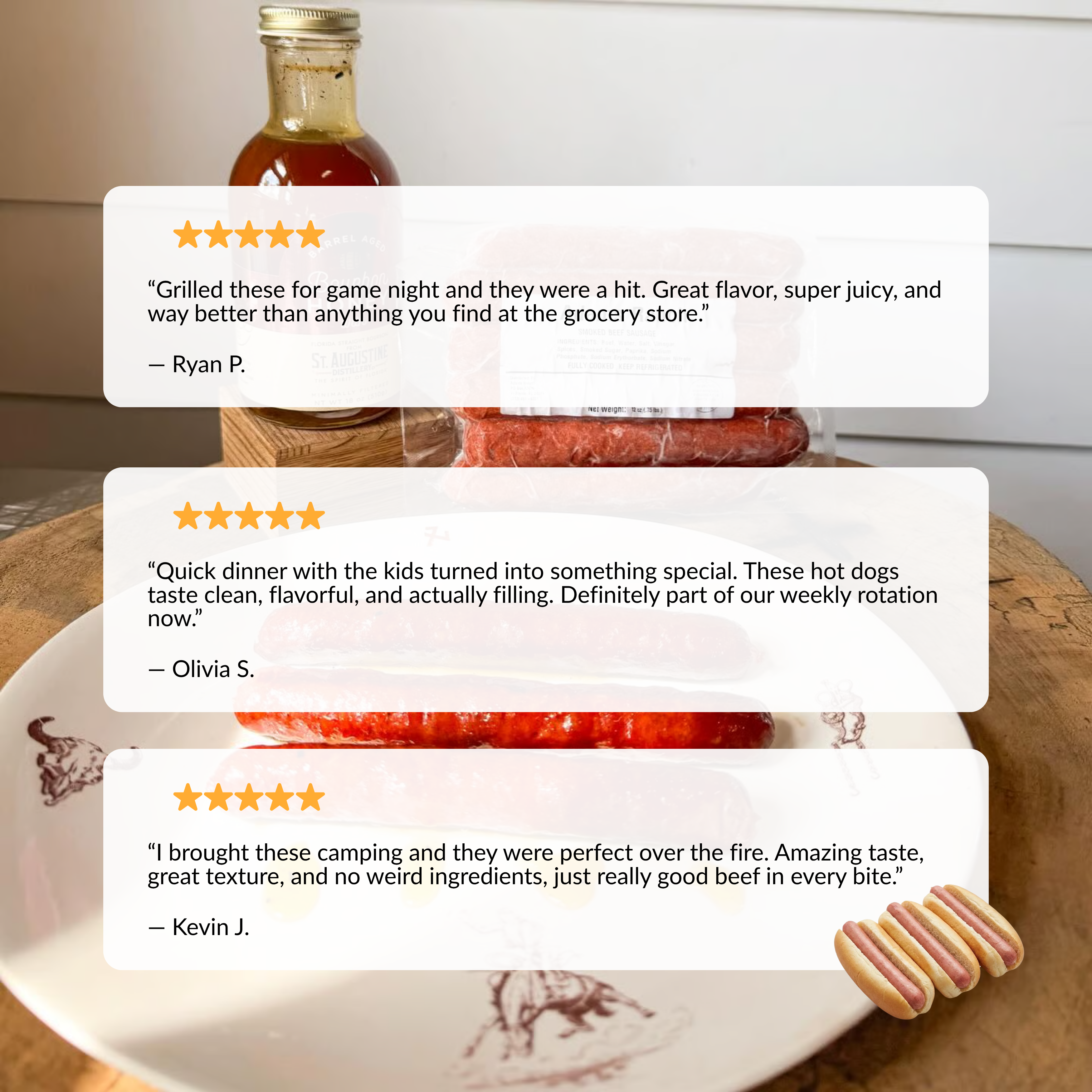 Three five-star customer reviews layered over an image of packaged sausages, a plate, and a sauce bottle.