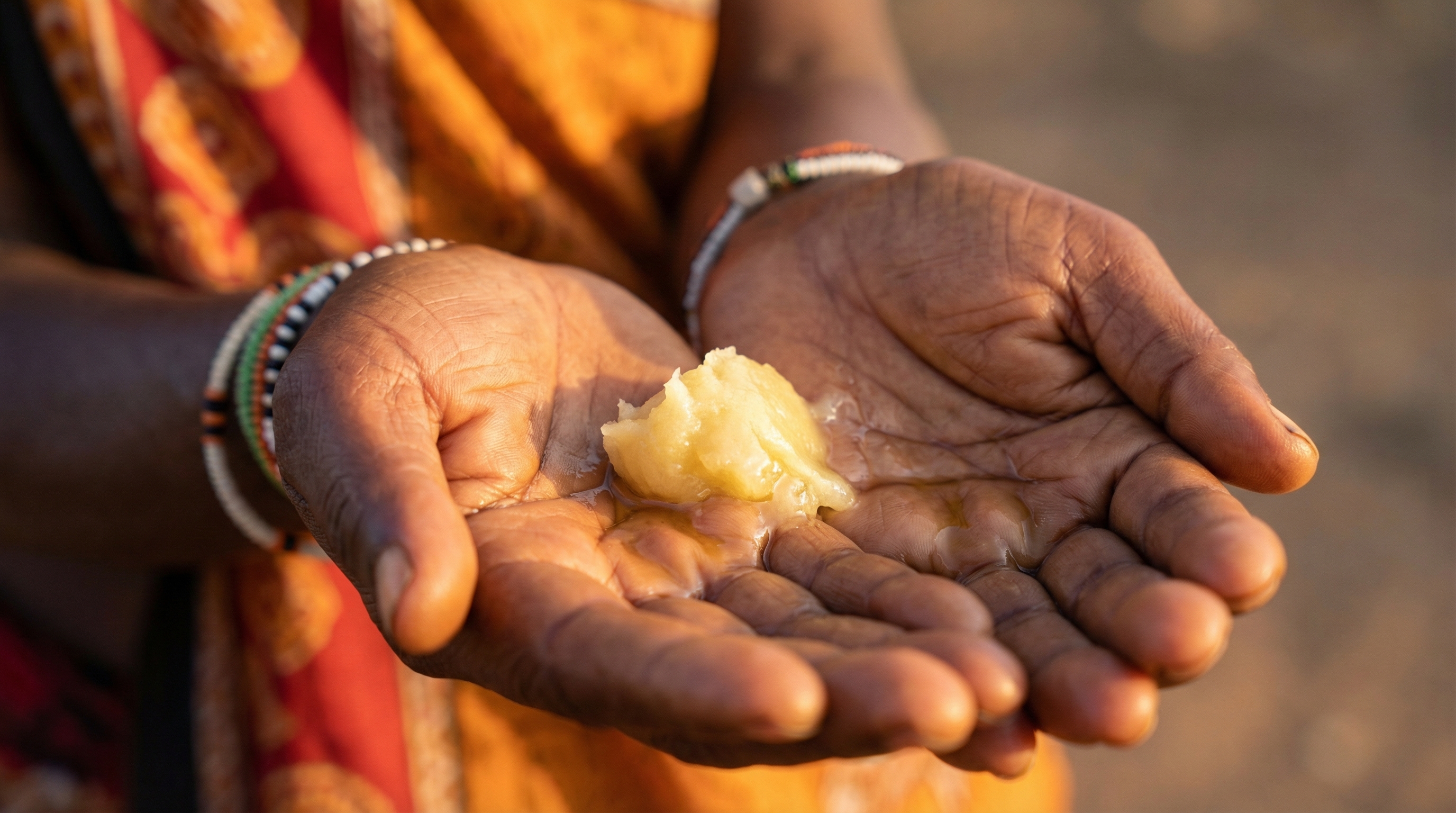 A close-up of a person's cupped hands holding a dollop of a melting, yellow substance.