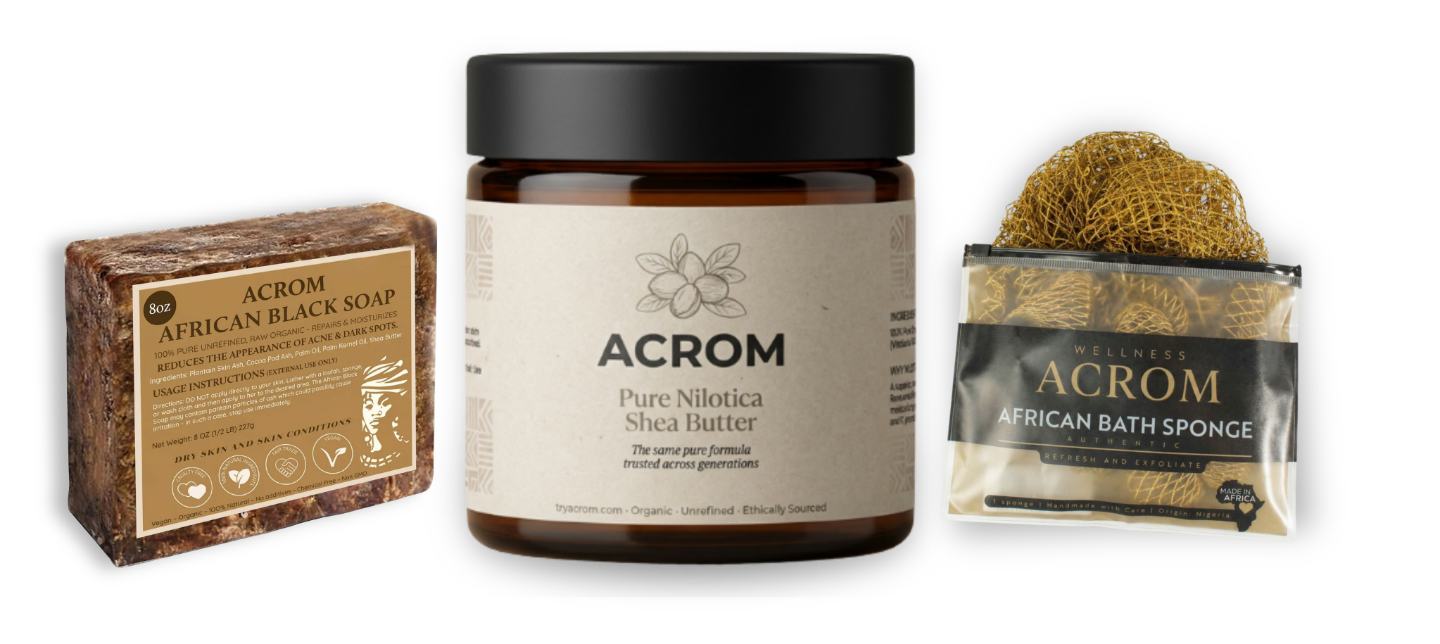 A bar of Acrom African Black Soap, a jar of shea butter, and an African bath sponge.
