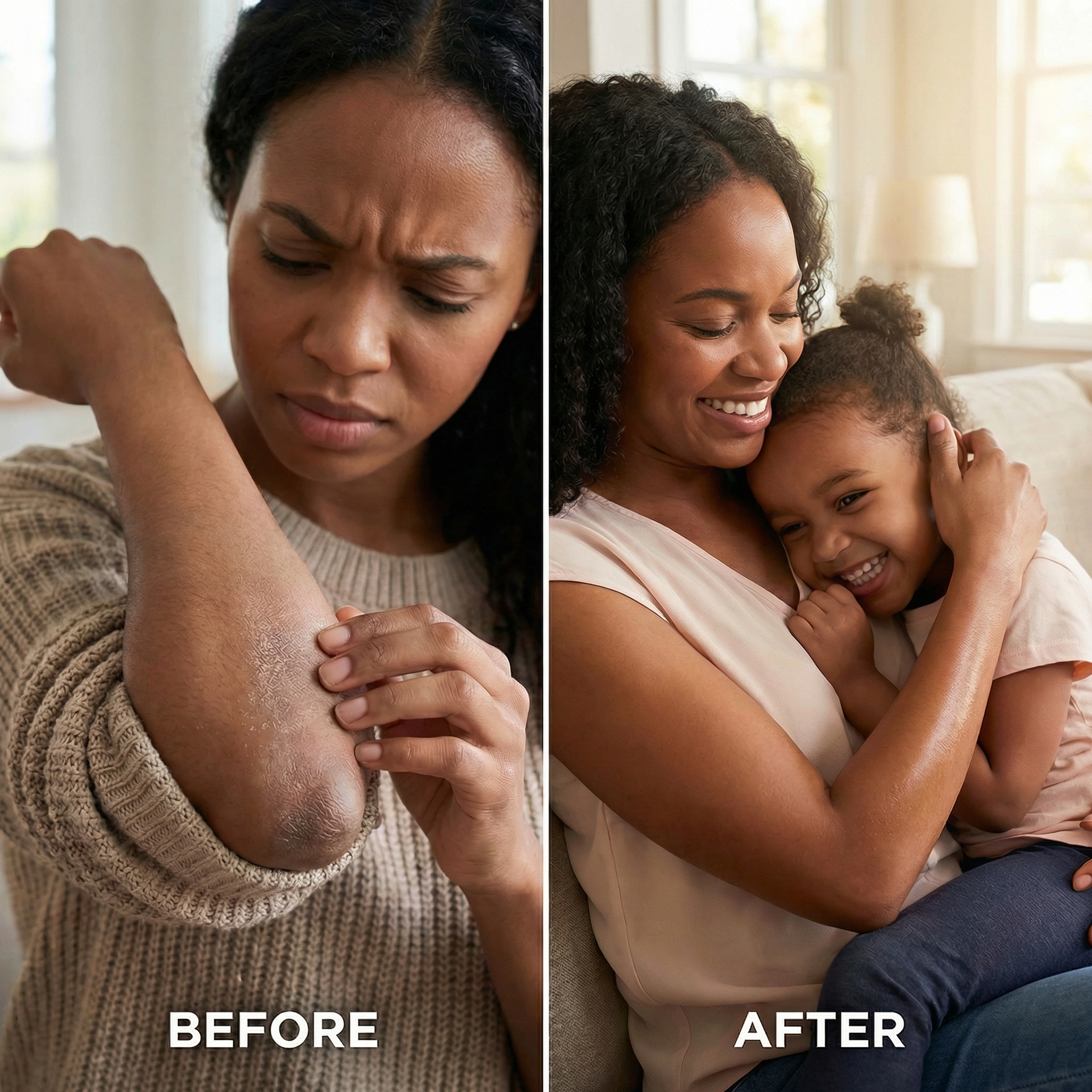 A before and after image showing a woman with dry skin on her elbow, then happily hugging a child.