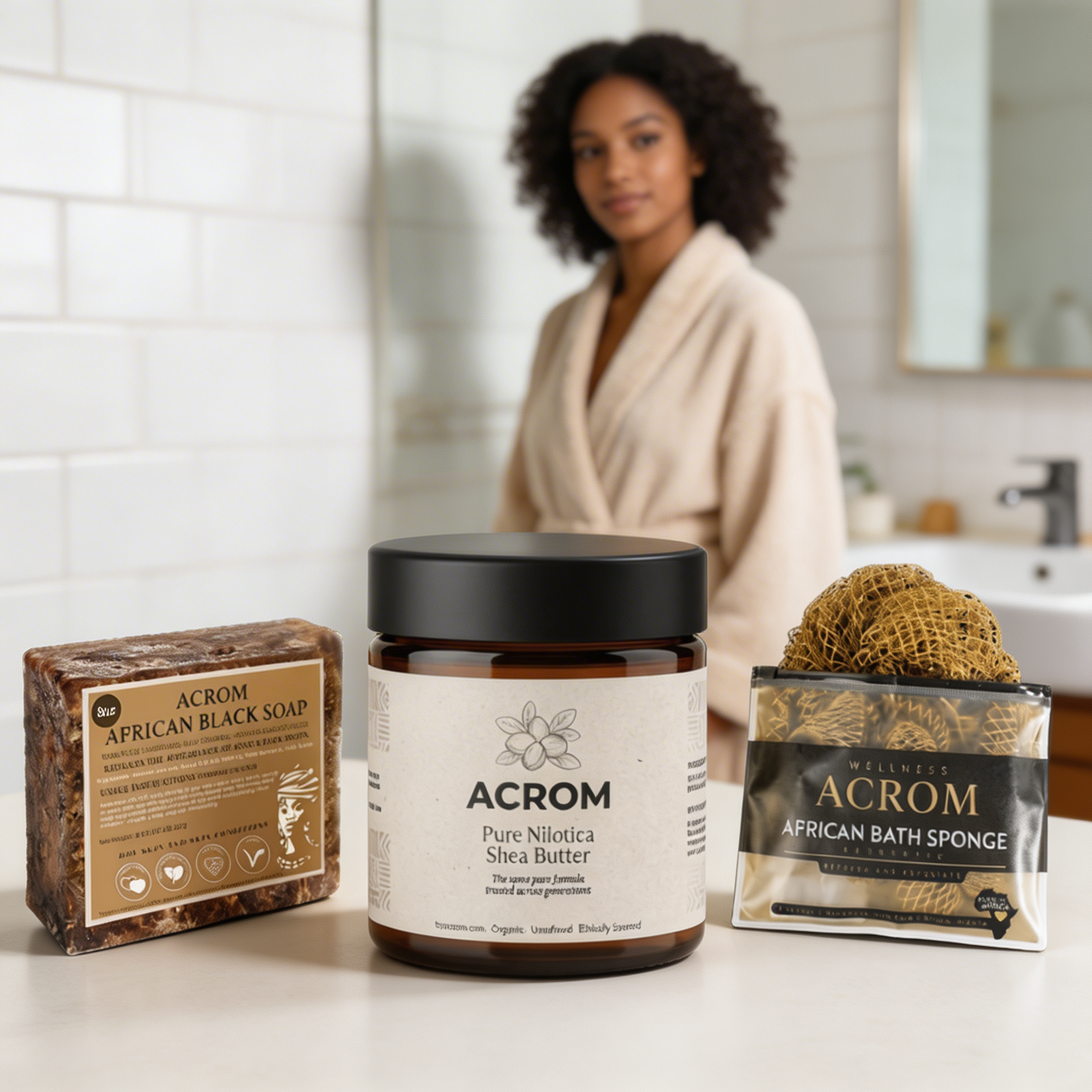 Acrom brand soap, shea butter, and bath sponge on a bathroom counter with a woman in the background.