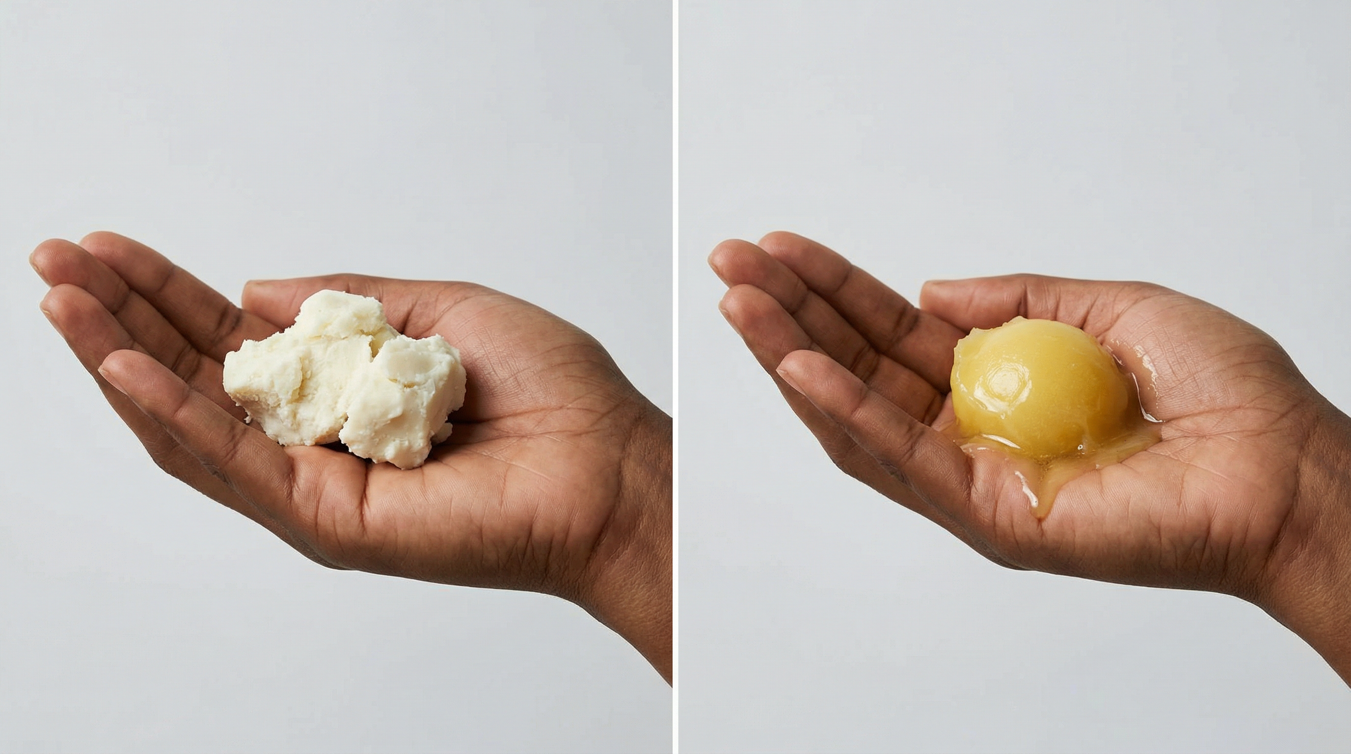 A side-by-side image of a hand holding a solid white substance and a melted yellow liquid.