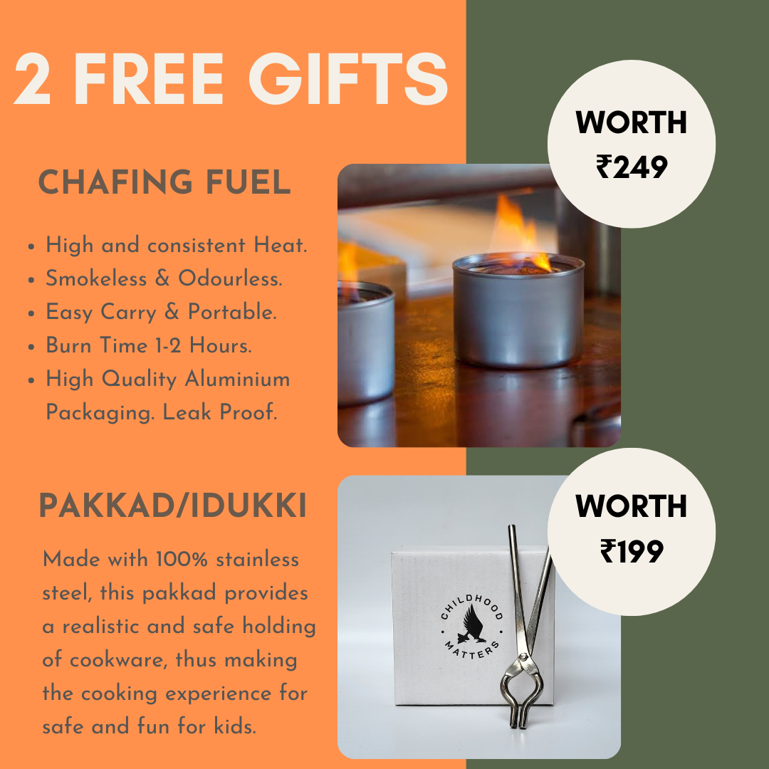 Promotional image for chafing fuel and stainless steel pakkad with descriptions and prices.