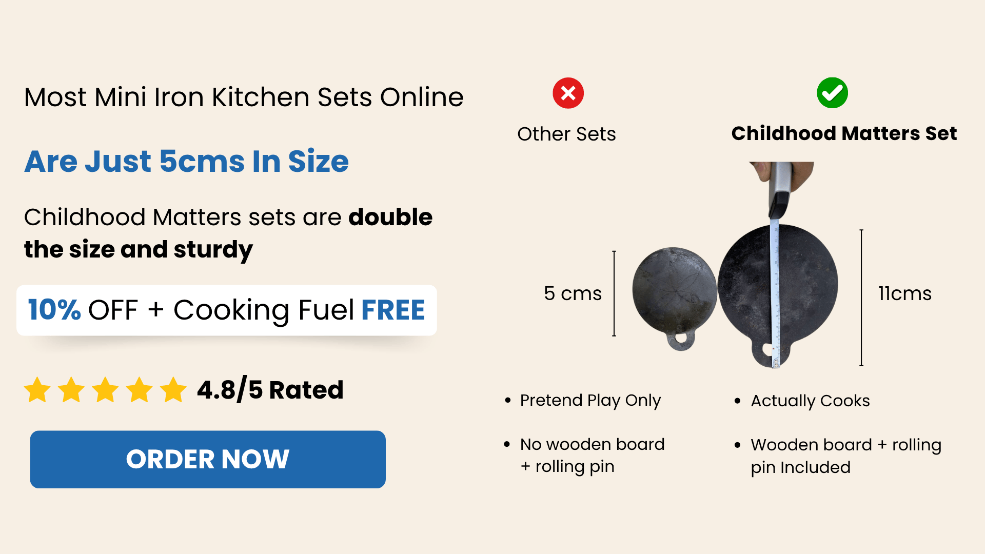 An ad comparing a 5cm mini iron pan to a larger 11cm pan from Childhood Matters.