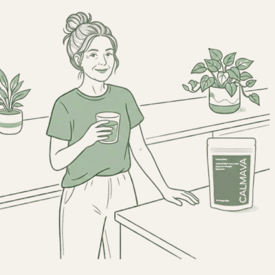 An illustration of a woman with her hair in a bun holding a glass, next to Calmava product.