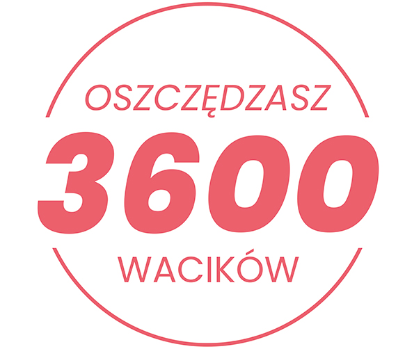 Text in a circle: 'Oszczędzasz 3600 wacików' in red.