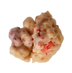 Close-up of a pink and cream-colored popcorn-like object.