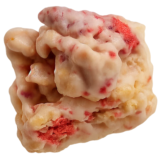 Close-up of a lumpy, irregularly shaped object with red and beige colors.