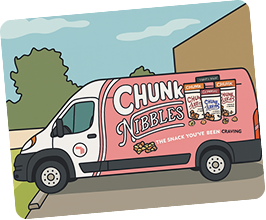 Illustration of a van with 'Chunk Nibbles' branding and snack images.