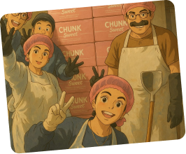 Animated characters smiling and posing with peace signs in front of boxes labeled 'CHUNK Sweet.'